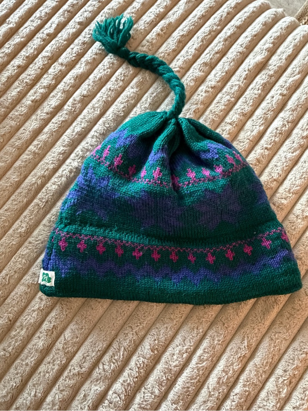 VTG Moriarty Green & Purple Knit Tassel Beanie with Pink Accents